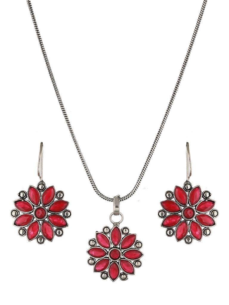 Silver Oxidised Red Stone Studded Combo Locket Jewellery Set : SJLK2011