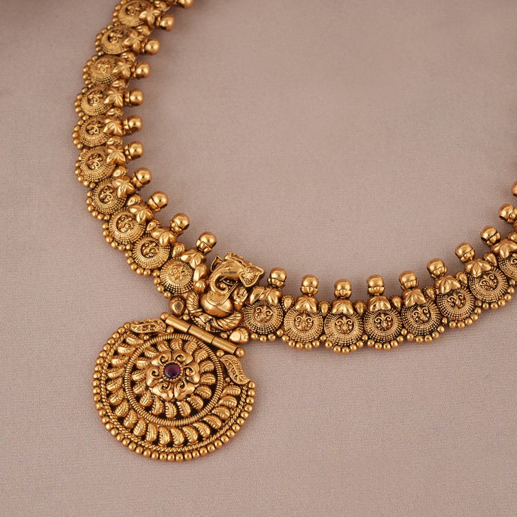 Stunning Antique Gold Plated Lord Ganesh Necklace Set I Temple Jewellery : SJ379