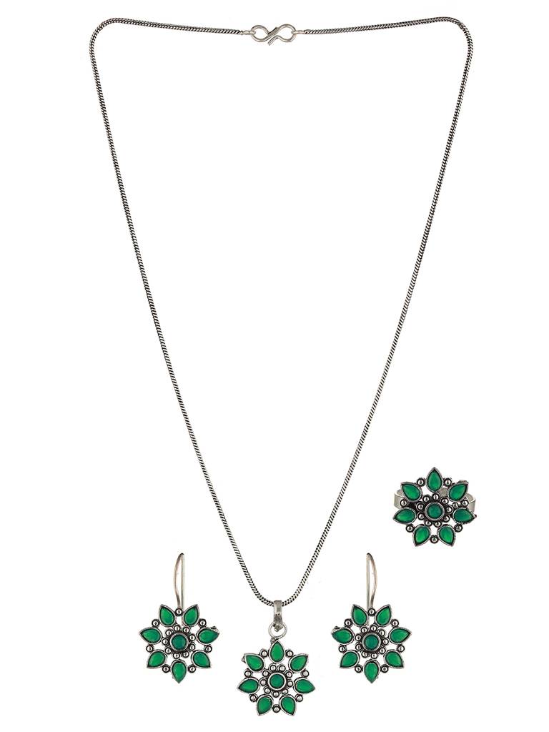 Silver Oxidised Green Stone Studded Combo Locket Jewellery Set : SJLK2012