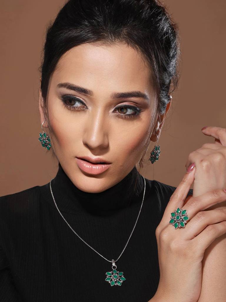 Silver Oxidised Green Stone Studded Combo Locket Jewellery Set : SJLK2012