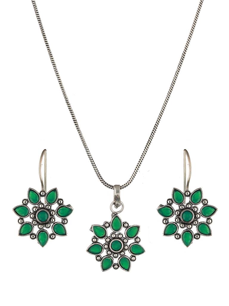 Silver Oxidised Green Stone Studded Combo Locket Jewellery Set : SJLK2012
