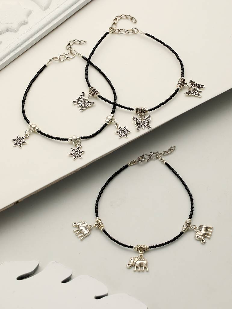Set Of 3 Oxidised Silver Plated Payal Anklet : SJPL2013