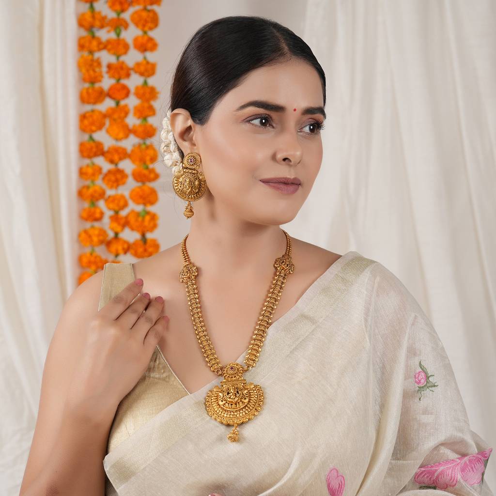 Long Antique Gold Lord Ganesh Necklace Set With Earrings I Temple Jewellery : SJ387
