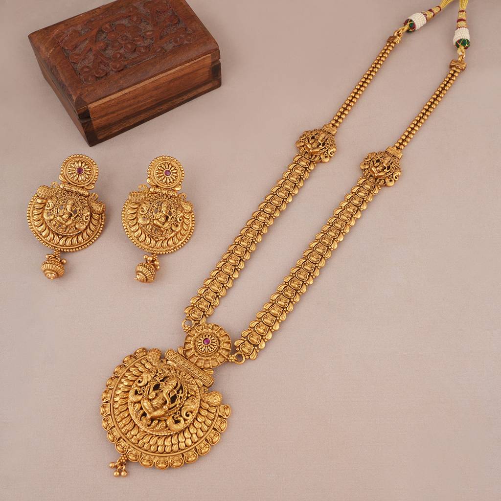 Long Antique Gold Lord Ganesh Necklace Set With Earrings I Temple Jewellery : SJ387