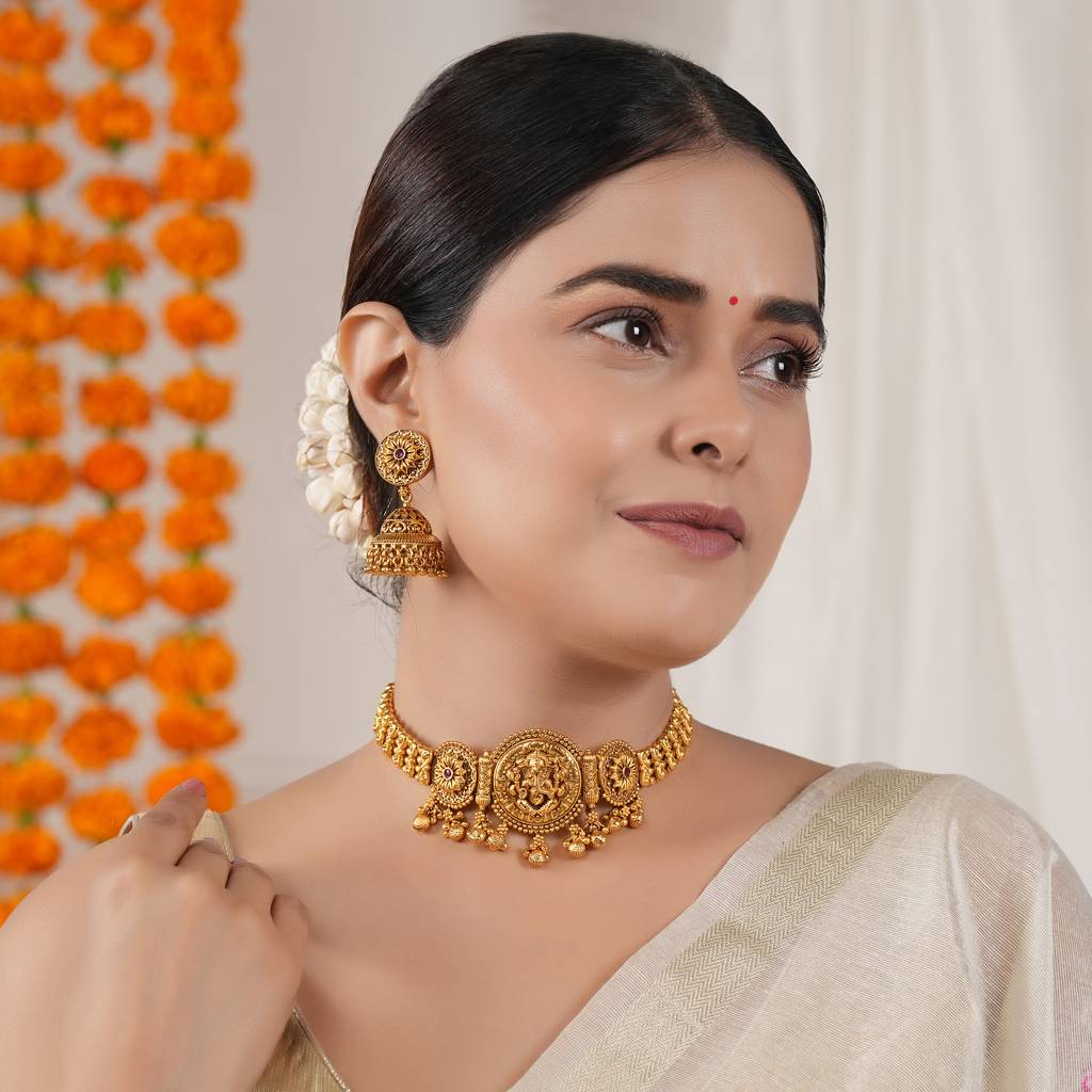 Beautiful Antique Gold Stone Ganesh  Choker Set I Temple Jewellery : SJ388