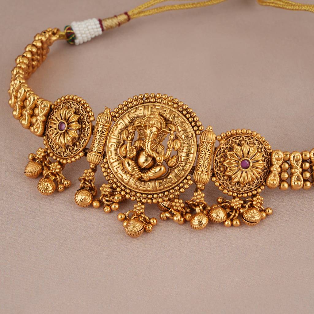 Beautiful Antique Gold Stone Ganesh  Choker Set I Temple Jewellery : SJ388