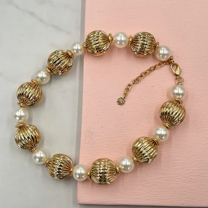 Tfc Vortex Bold Bead And Pearl Statement Gold Plated Necklace : 20190