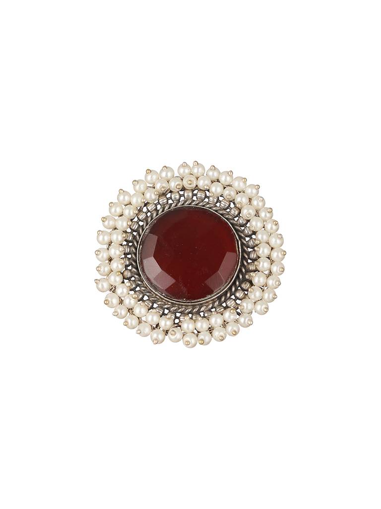 Silver Plated Oxidised Red Ruby Pearl Beaded Adjustable Finger Ring : SJRG2019