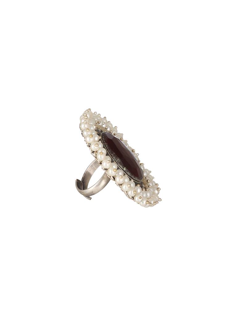 Silver Plated Oxidised Red Ruby Pearl Beaded Adjustable Finger Ring : SJRG2019