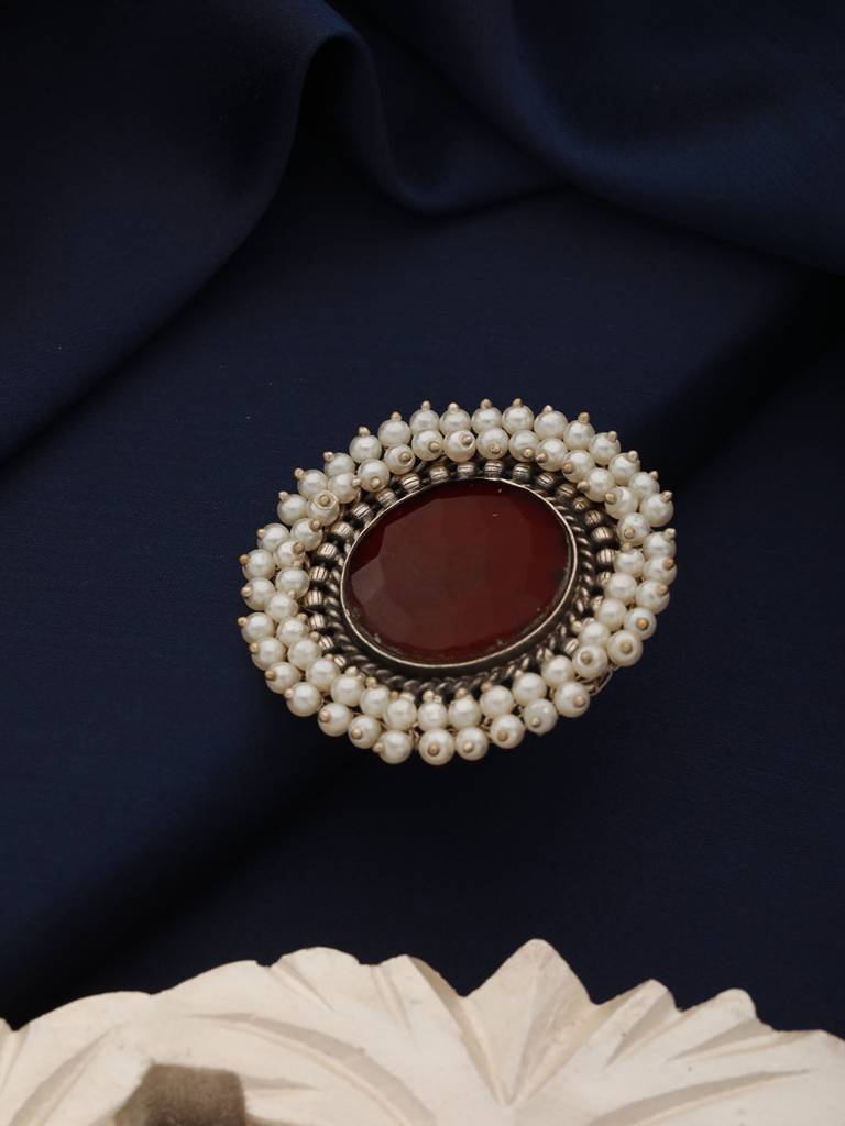 Silver Plated Oxidised Red Ruby Pearl Beaded Adjustable Finger Ring : SJRG2019