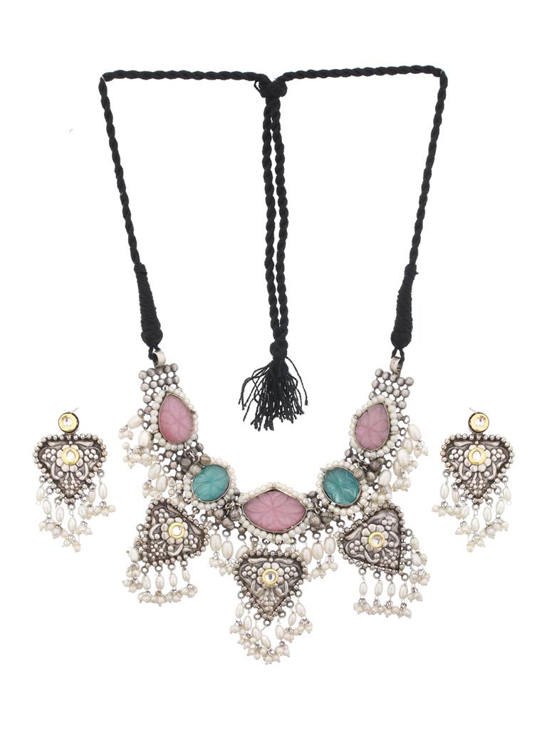 Oxidised Stone Studded Fusion Statement Jewellery Set : SJNK2021