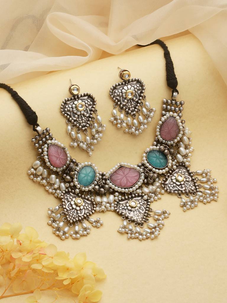 Oxidised Stone Studded Fusion Statement Jewellery Set : SJNK2021