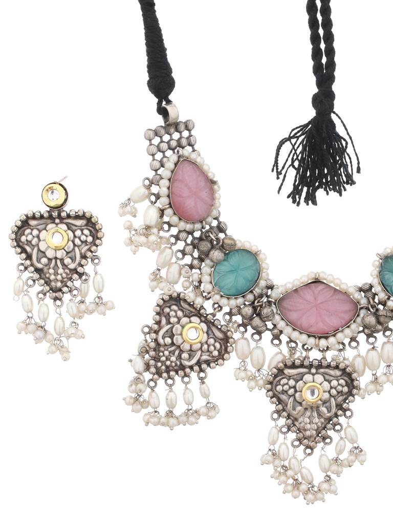 Oxidised Stone Studded Fusion Statement Jewellery Set : SJNK2021