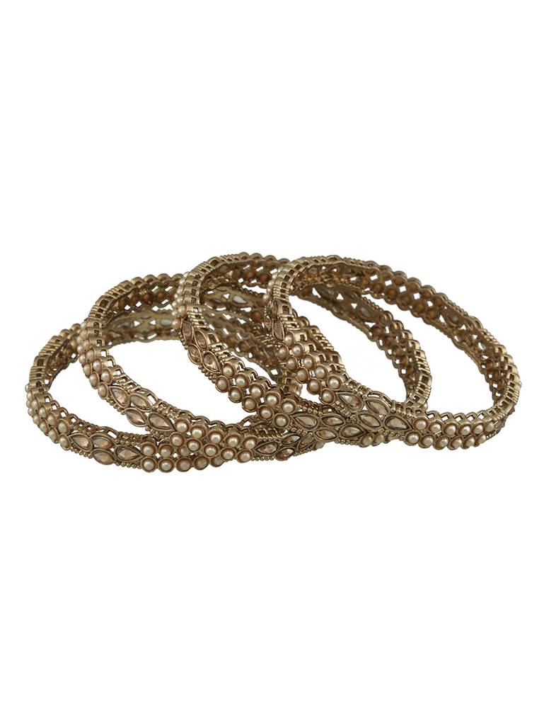 Set Of 4 Gold-Plated Pearl & White Kundan Studded Bangles-Ba-Js22-60025 : BA-JS22-60025
