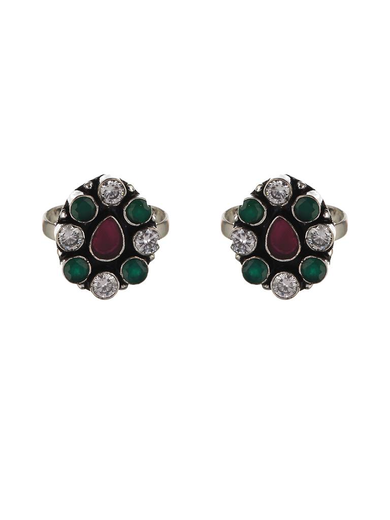 Set Of 2 Silver Toned Red & Green Stone Studded Adjustable Toe Ring : SJTR2022