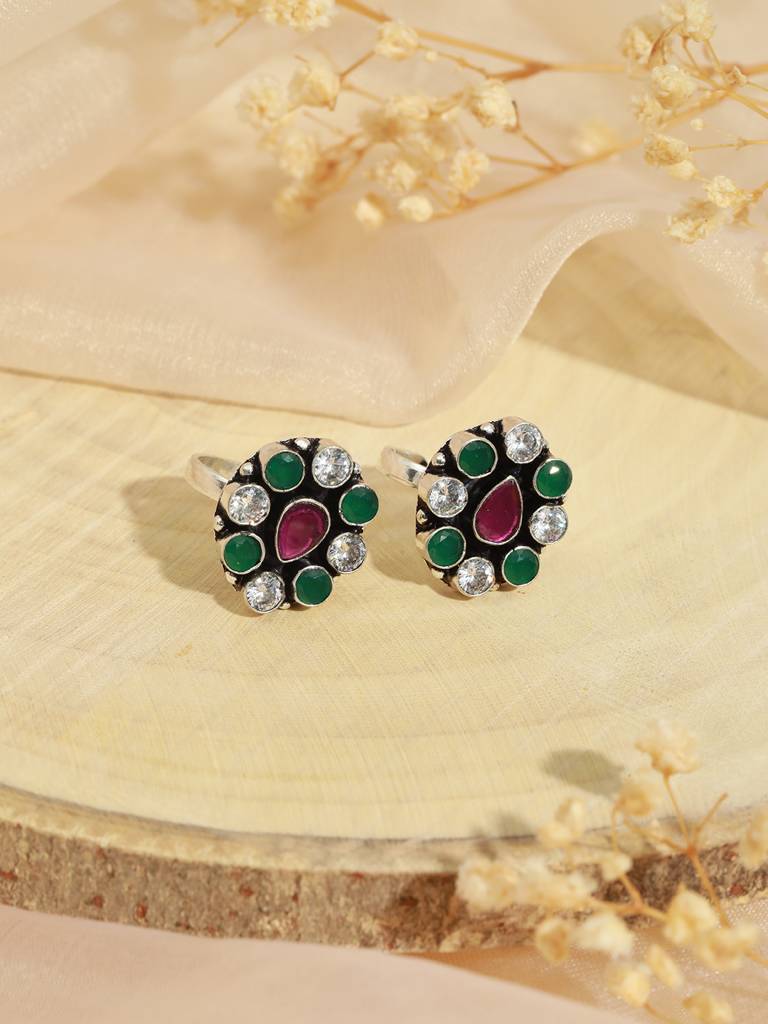 Set Of 2 Silver Toned Red & Green Stone Studded Adjustable Toe Ring : SJTR2022