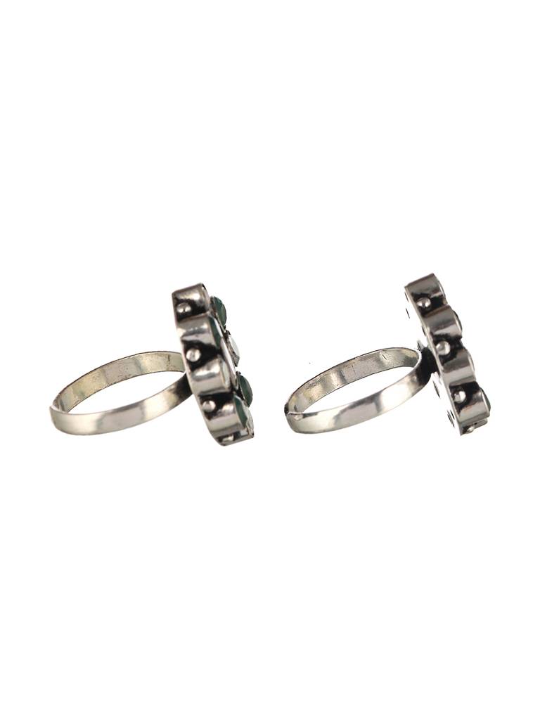 Set Of 2 Silver Toned Red & Green Stone Studded Adjustable Toe Ring : SJTR2022