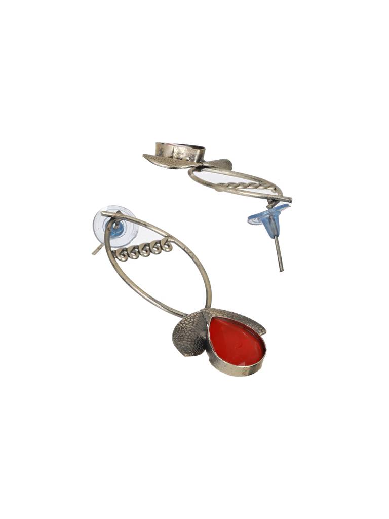 Red Stone Studded & Lef Shaped Contemporary Drop Earrings : EAR-JS23-30253