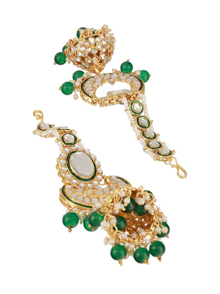 Gold-Plated Green & White Kundan-Studded & Beaded Handcrafted Jewellery Set : NL-JS23-40343
