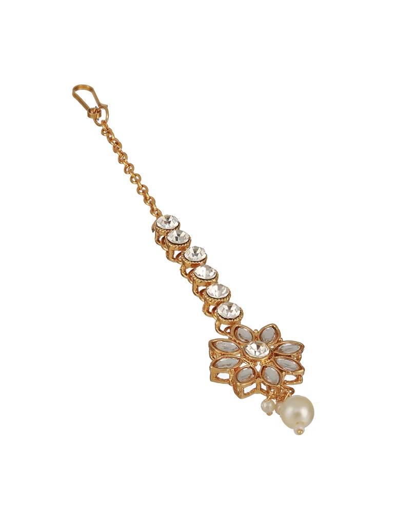 Gold-Plated White Kundan Stone-Studded & Pearl Drop Maang Tikka : MTK-JS23-11061