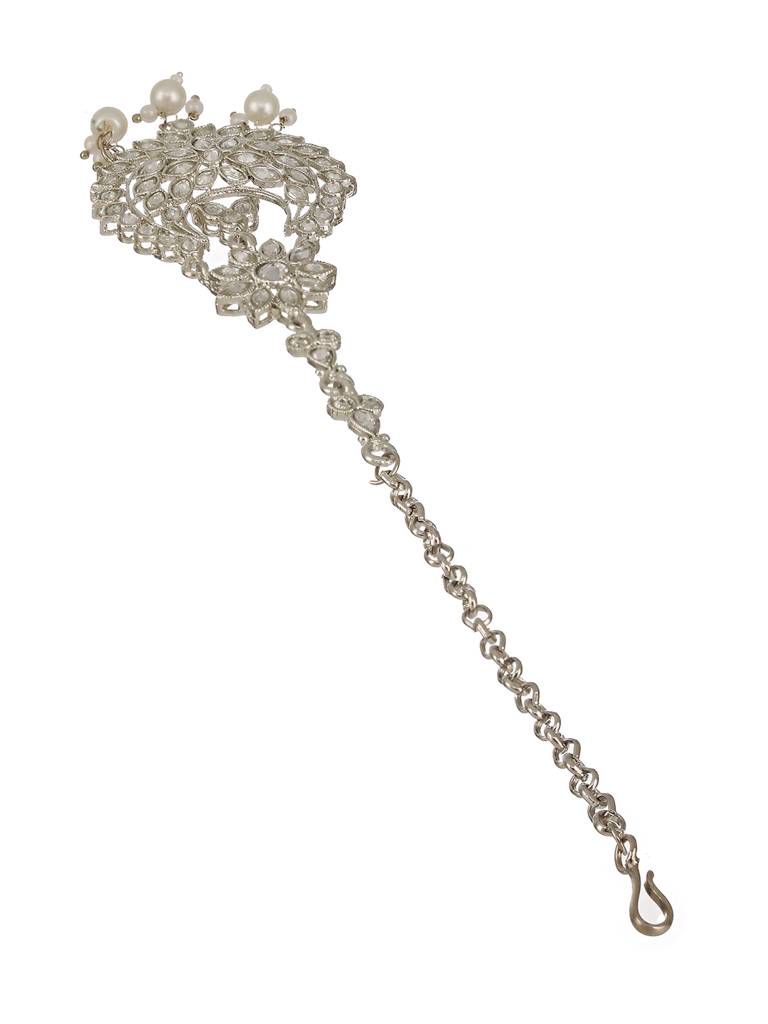 Silver-Plated White Ad-Studded & Pearl Drop Handcrafted Maang Tikka : MTK-JS23-11067