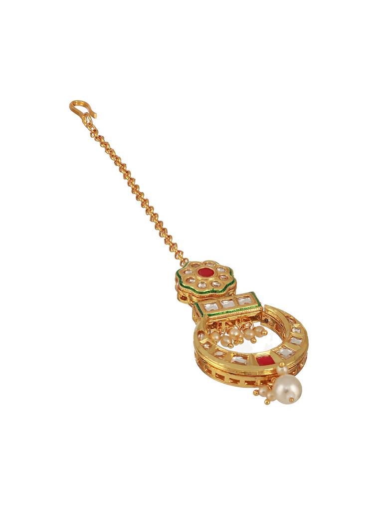 24K Gold-Plated Red & White Kundan & Green Meenakari Maangtikka : MTK-JS23-11063