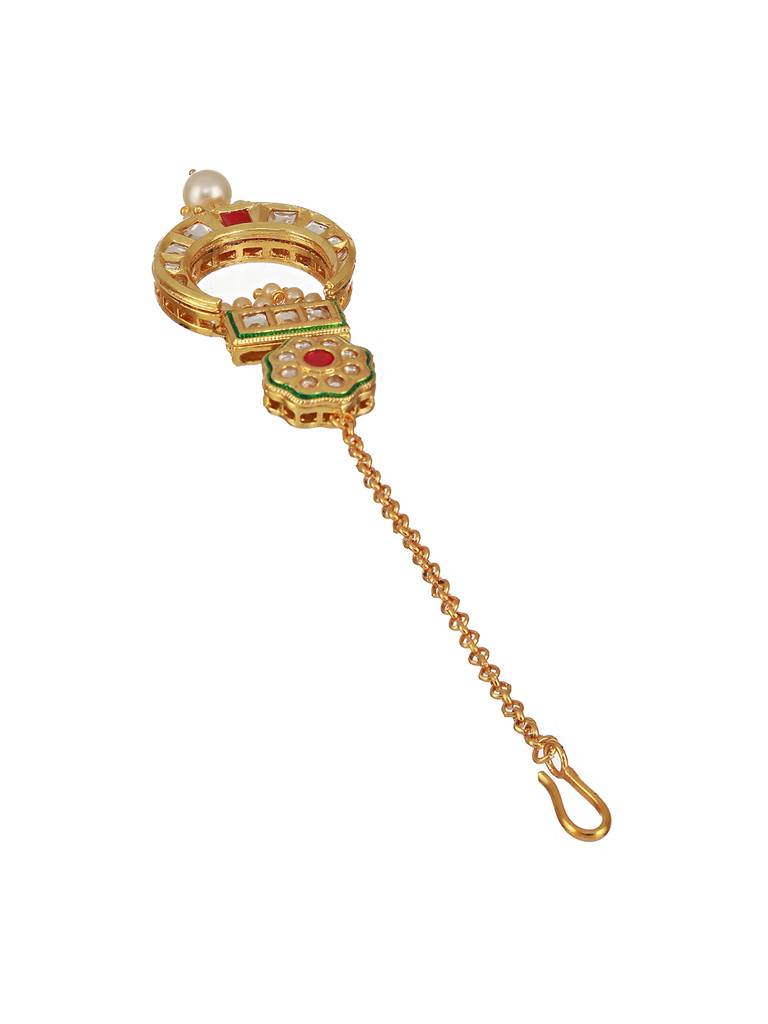 24K Gold-Plated Red & White Kundan & Green Meenakari Maangtikka : MTK-JS23-11063