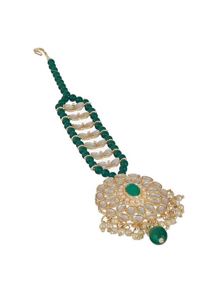 Gold-Plated Green & White Kundan Studded & Pearl Beaded Maang Tikka : MTK-JS23-11064