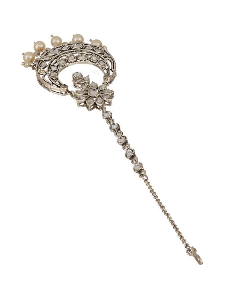 Silver-Plated White Ad-Studded Maang Tikka : MTK-JS23-11050
