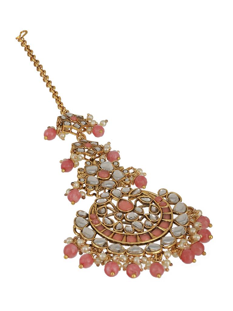Gold-Plated Pink & White Kundan-Studded Pearl Beaded Maang Tikka : MTK-JS23-11053