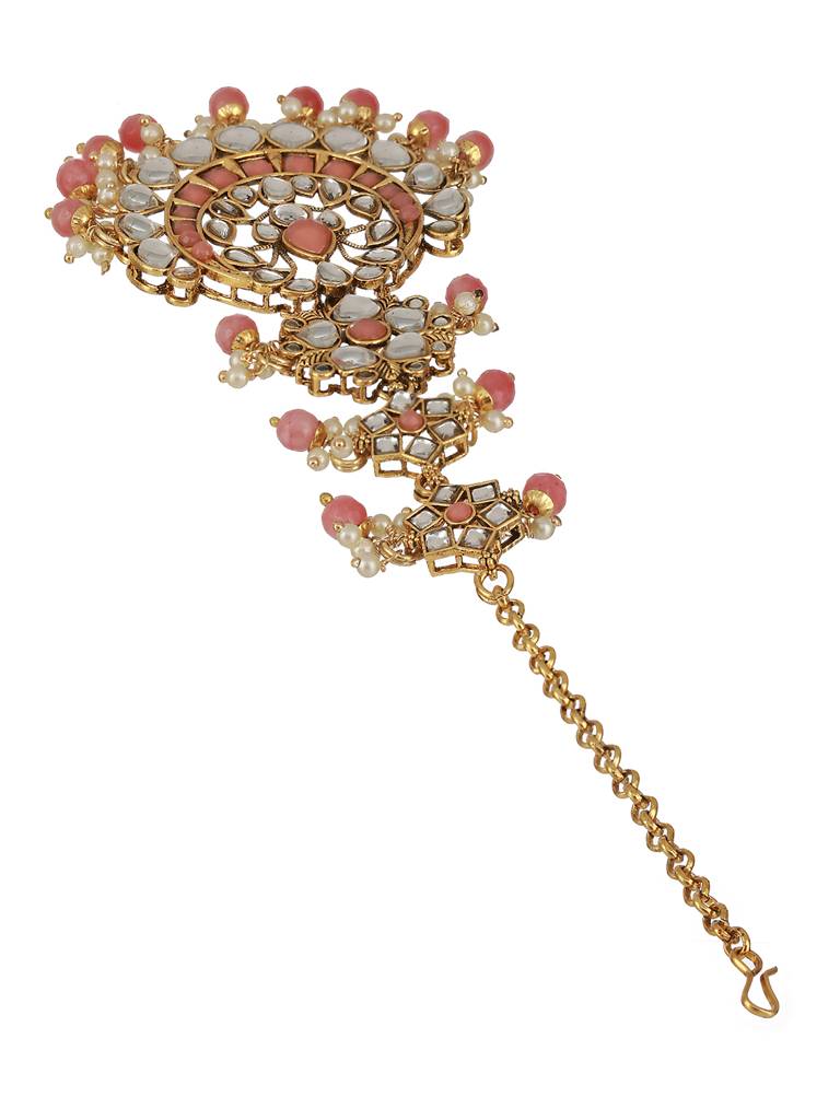 Gold-Plated Pink & White Kundan-Studded Pearl Beaded Maang Tikka : MTK-JS23-11053