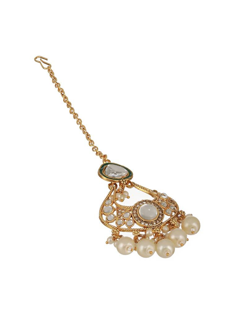 Gold-Plated White Kundan-Studded & Pearl Beaded Choker Jewellery Set : NL-JS23-40344