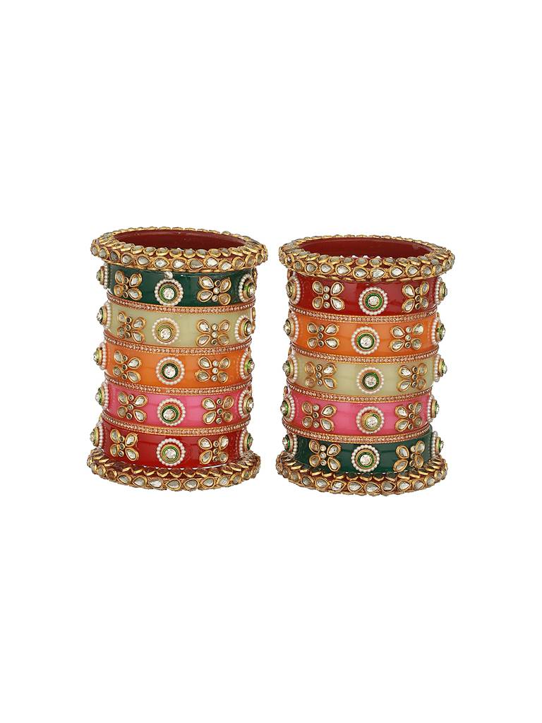 Multicoloured Set Of 22 Kundan Stone Studded & Meenakari Bridal Chuda Set-Ba-Js23-60066 : BA-JS23-60066