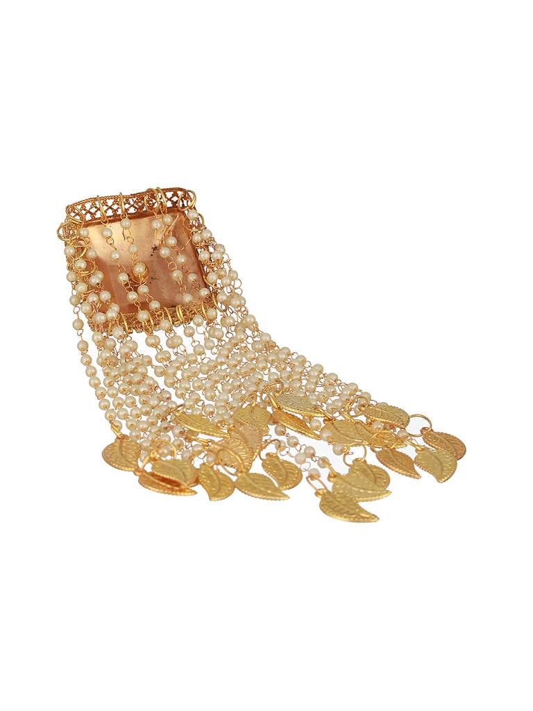 Pack Of 2 Gold Plated Stone Studded & White Pearl Beaded Bridal Square Dome Kaleeras Secured With Drawstring Clo : JS23-KAL006