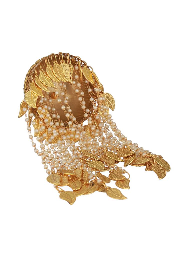 Set Of 2 Gold-Plated Stone Studded & Pearl Beaded Bridal Kaleera Secured With Drawstring Closure. : JS23-KAL001