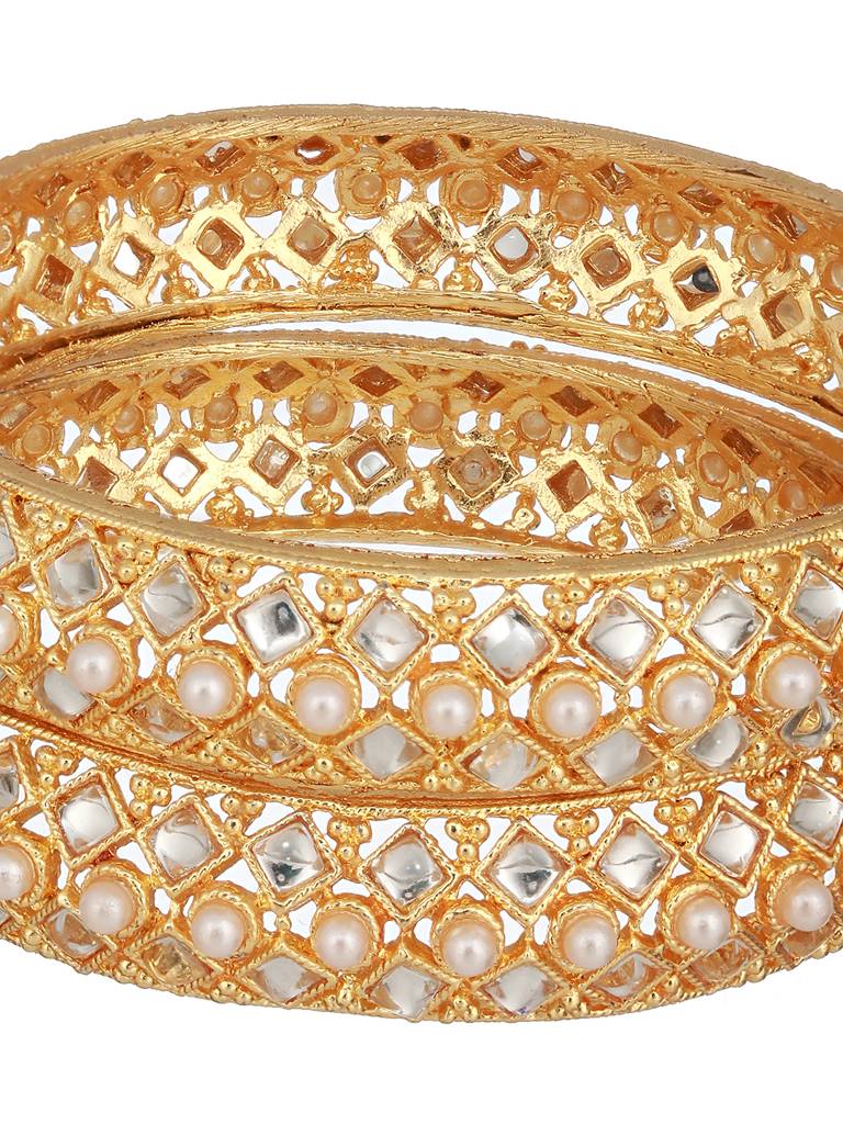 Set Of 2 Gold-Toned Pearl Beaded & Cz Embellished Bangles-Ba-Js23-60068 : BA-JS23-60068
