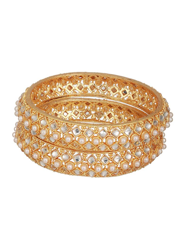 Set Of 2 Gold-Toned Pearl Beaded & Cz Embellished Bangles-Ba-Js23-60068 : BA-JS23-60068
