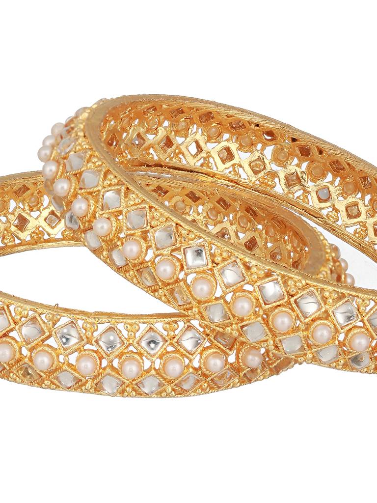 Set Of 2 Gold-Toned Pearl Beaded & Cz Embellished Bangles-Ba-Js23-60068 : BA-JS23-60068