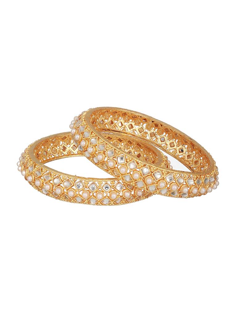 Set Of 2 Gold-Toned Pearl Beaded & Cz Embellished Bangles-Ba-Js23-60068 : BA-JS23-60068