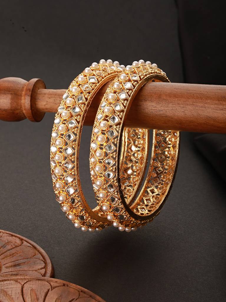 Set Of 2 Gold-Toned Pearl Beaded & Cz Embellished Bangles-Ba-Js23-60068 : BA-JS23-60068