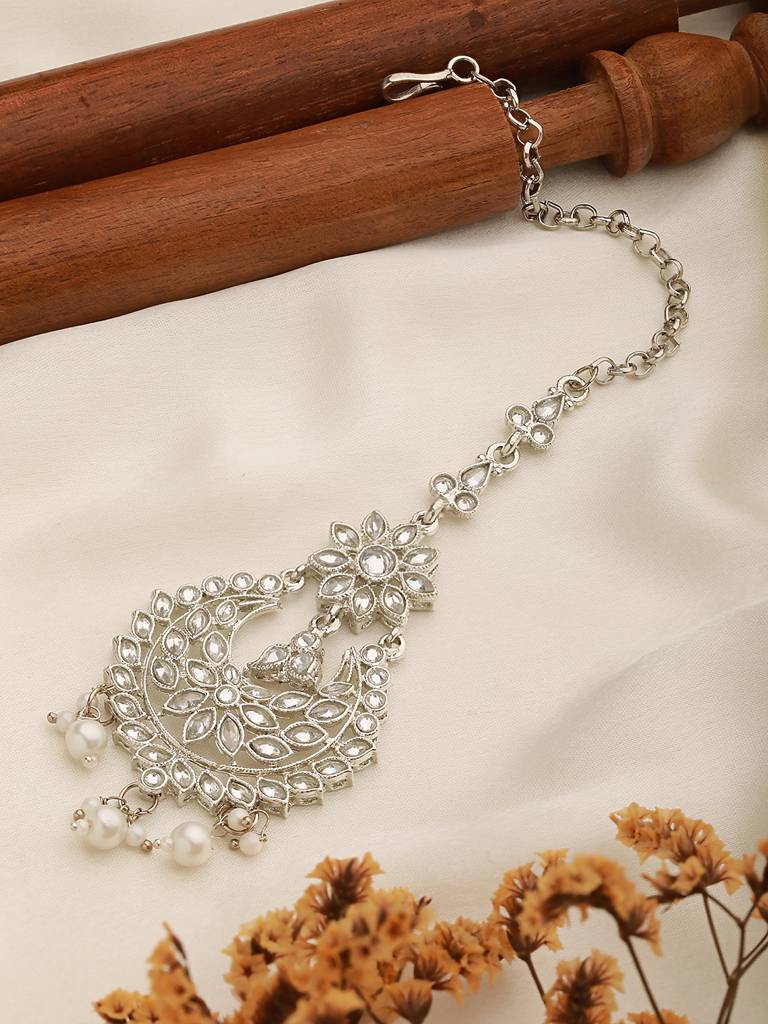 Silver-Plated White Ad-Studded Pearl Drop Handcrafted Maang