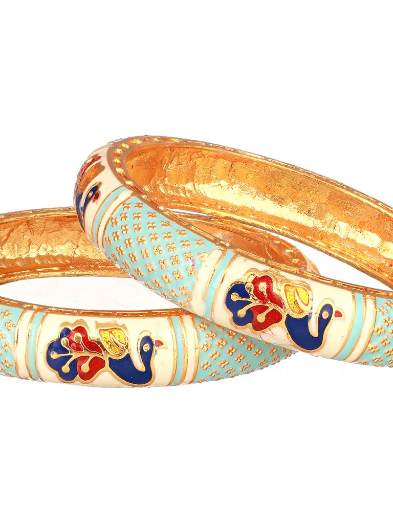 Set Of 2 Gold-Plated Blue Stone-Studded Peacock Meenakari Bangles-Ba-Js23-60083 : BA-JS23-60083