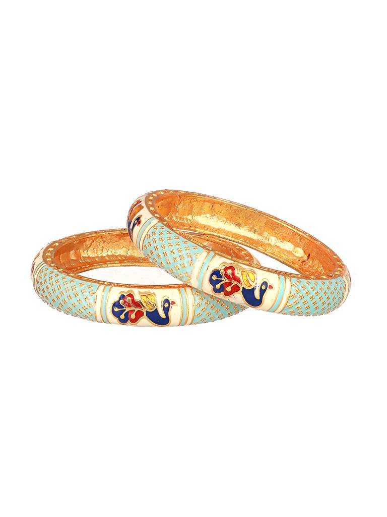 Set Of 2 Gold-Plated Blue Stone-Studded Peacock Meenakari Bangles-Ba-Js23-60083 : BA-JS23-60083