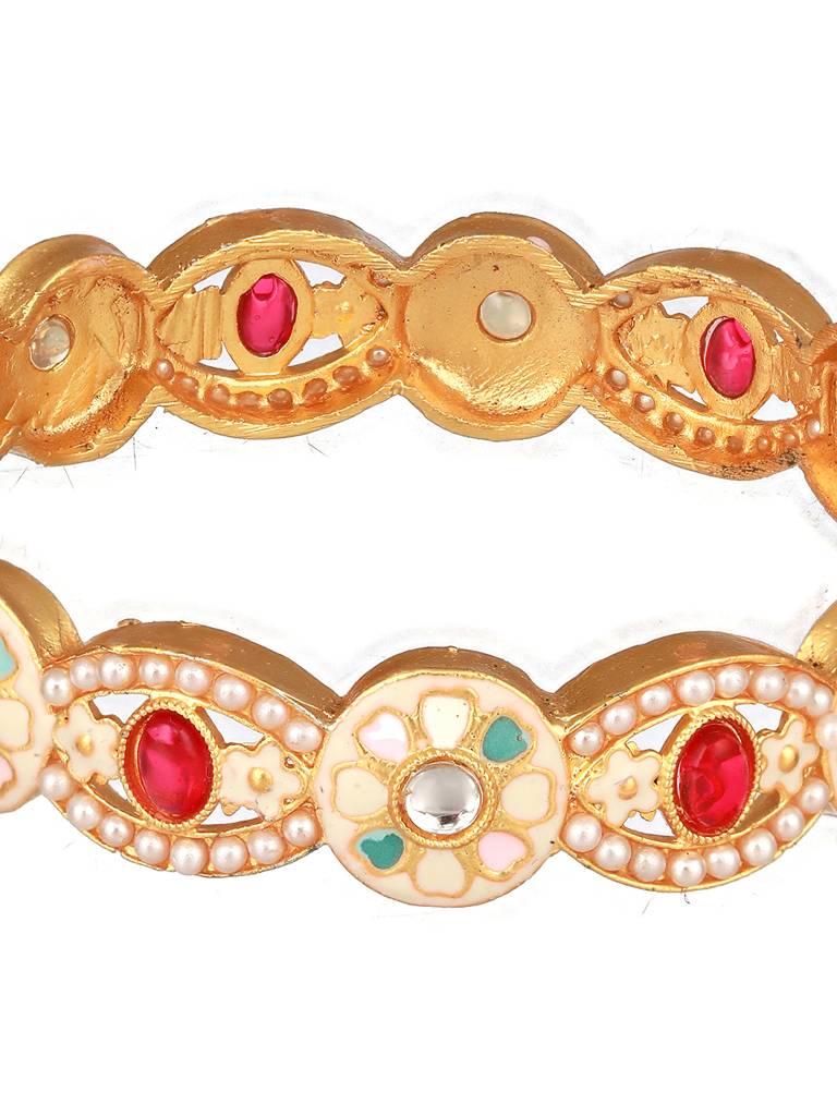 Set Of 2 24K Gold-Plated Red & Green Stone & Pearl-Studded Handcrafted Bangles-Ba-Js23-60087 : BA-JS23-60087