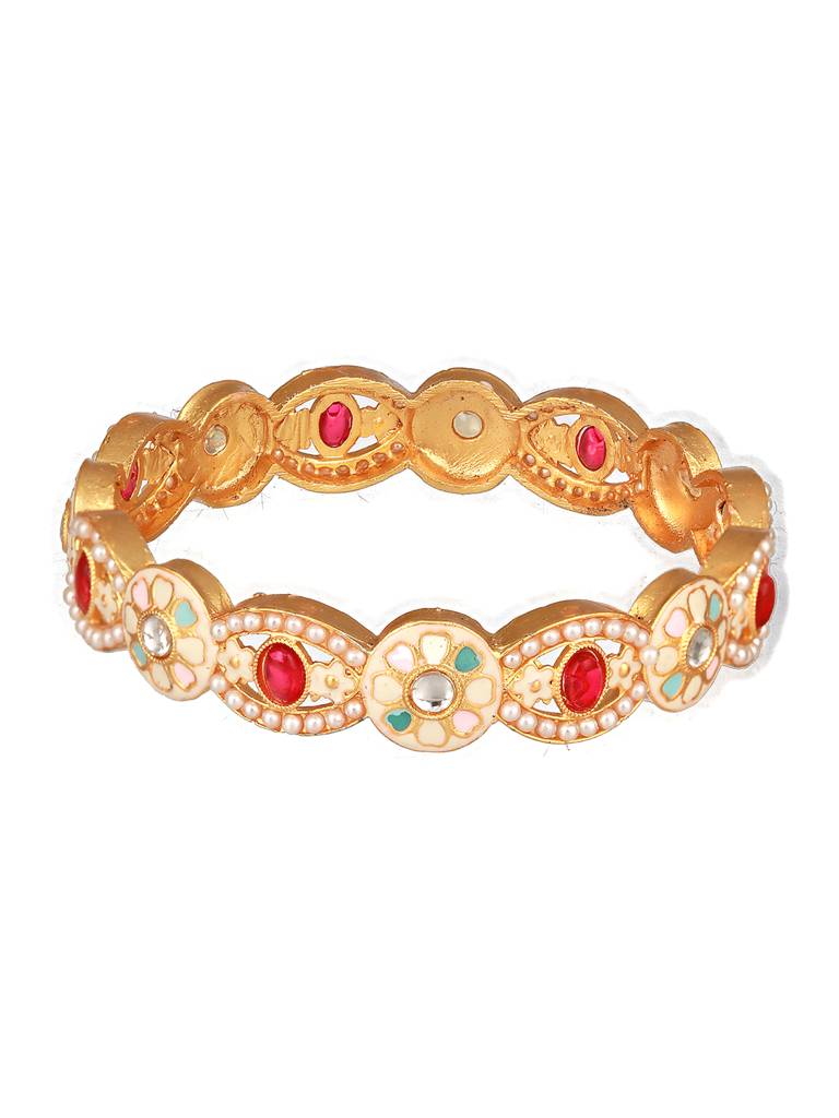 Set Of 2 24K Gold-Plated Red & Green Stone & Pearl-Studded Handcrafted Bangles-Ba-Js23-60087 : BA-JS23-60087