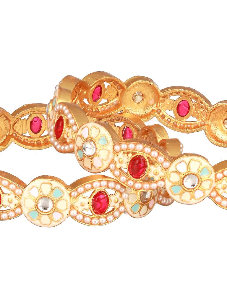 Set Of 2 24K Gold-Plated Red & Green Stone & Pearl-Studded Handcrafted Bangles-Ba-Js23-60087 : BA-JS23-60087