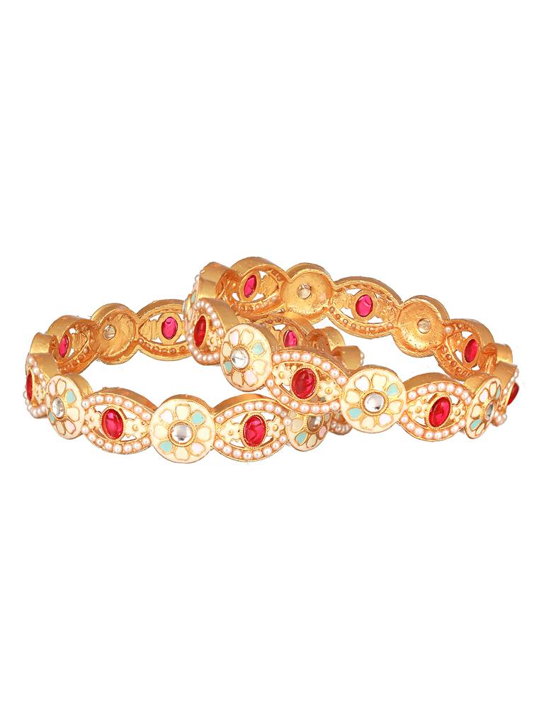 Set Of 2 24K Gold-Plated Red & Green Stone & Pearl-Studded Handcrafted Bangles-Ba-Js23-60087 : BA-JS23-60087