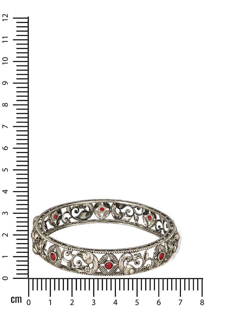 Set Of 2 Oxidised Silver-Toned & Red Stone Studded Peacock Traditional Bangles-Ba-Js23-60077 : BA-JS23-60077