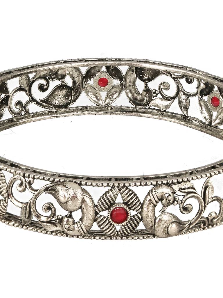 Set Of 2 Oxidised Silver-Toned & Red Stone Studded Peacock Traditional Bangles-Ba-Js23-60077 : BA-JS23-60077