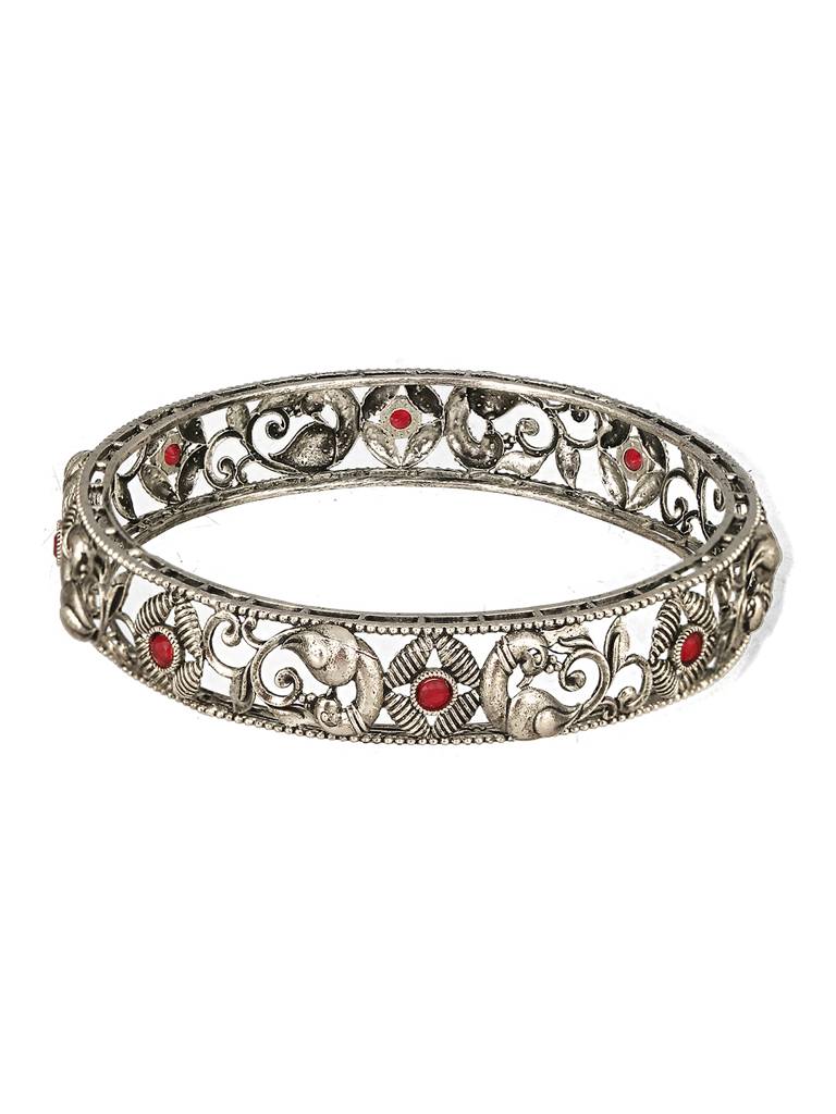 Set Of 2 Oxidised Silver-Toned & Red Stone Studded Peacock Traditional Bangles-Ba-Js23-60077 : BA-JS23-60077